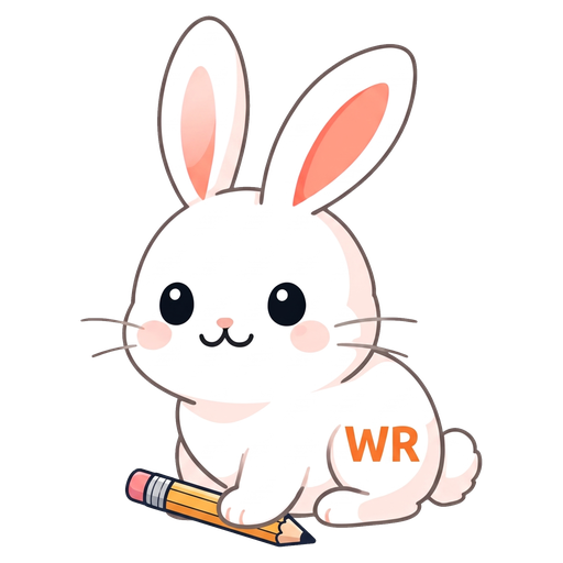 Writing Rabbit mascot: a white rabbit sitting beside a pencil